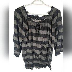 Majora Black and Grey Off the Shoulder Striped 3/4 Sleeve Size Large Top